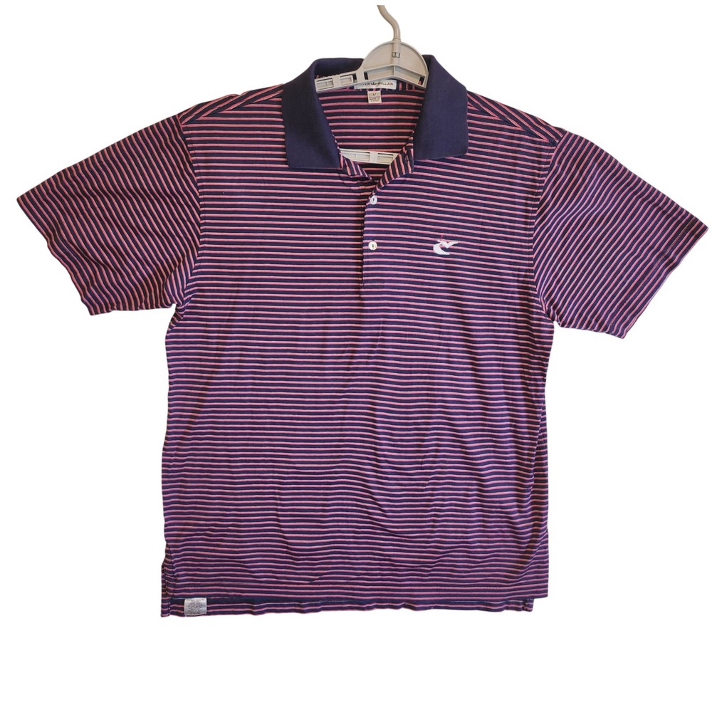 Peter Millar Mens M Navy Pink Striped Cotton Polo Shirt MF13K05 Bird Golf Logo